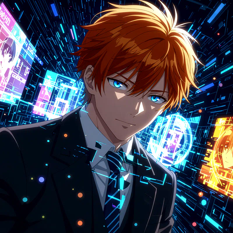A male character with orange hair and blue eyes wearing a black suit and tie, set against a futuristic background_2