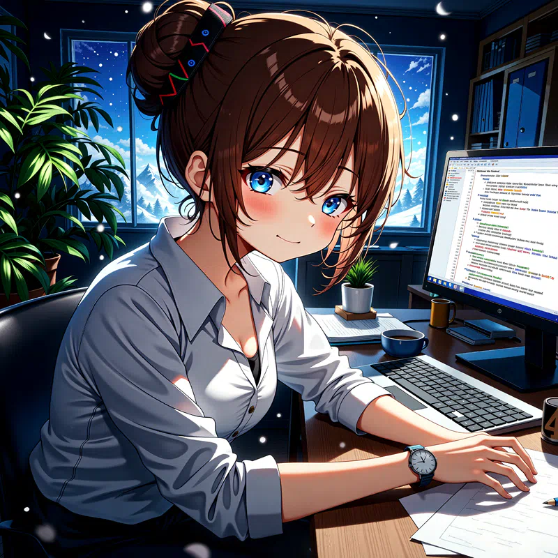 A young woman sitting at a desk in front of a computer smiling at the viewer.png (1600×1600)