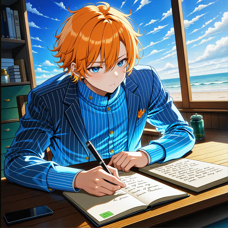 An illustration of a high school boy with orange hair studying at a desk while writing in a notebook.png (1600×1600)