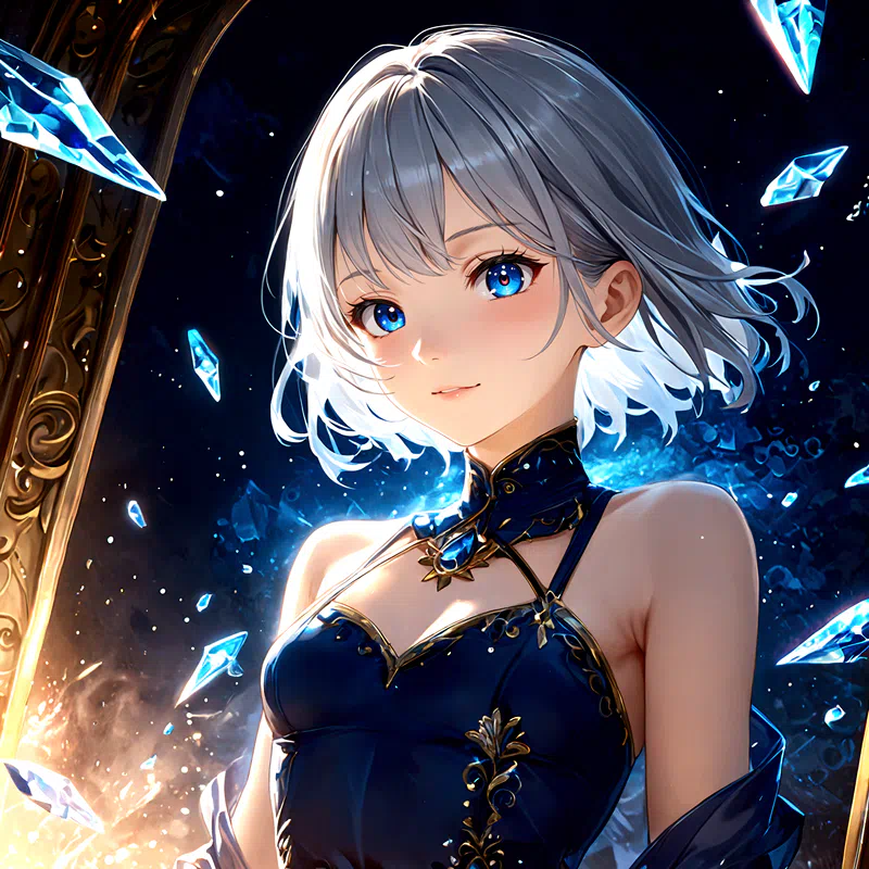 Anime Illustration of A woman with white hair and blue eyes stands in front of a mirror