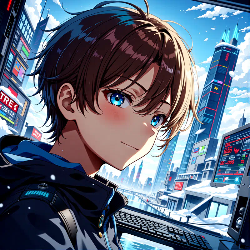 Anime Illustration of A young boy with short brown hair and blue eyes wearing a black hoodie looking out of a window with a cityscape in the background.png (1600×1600)