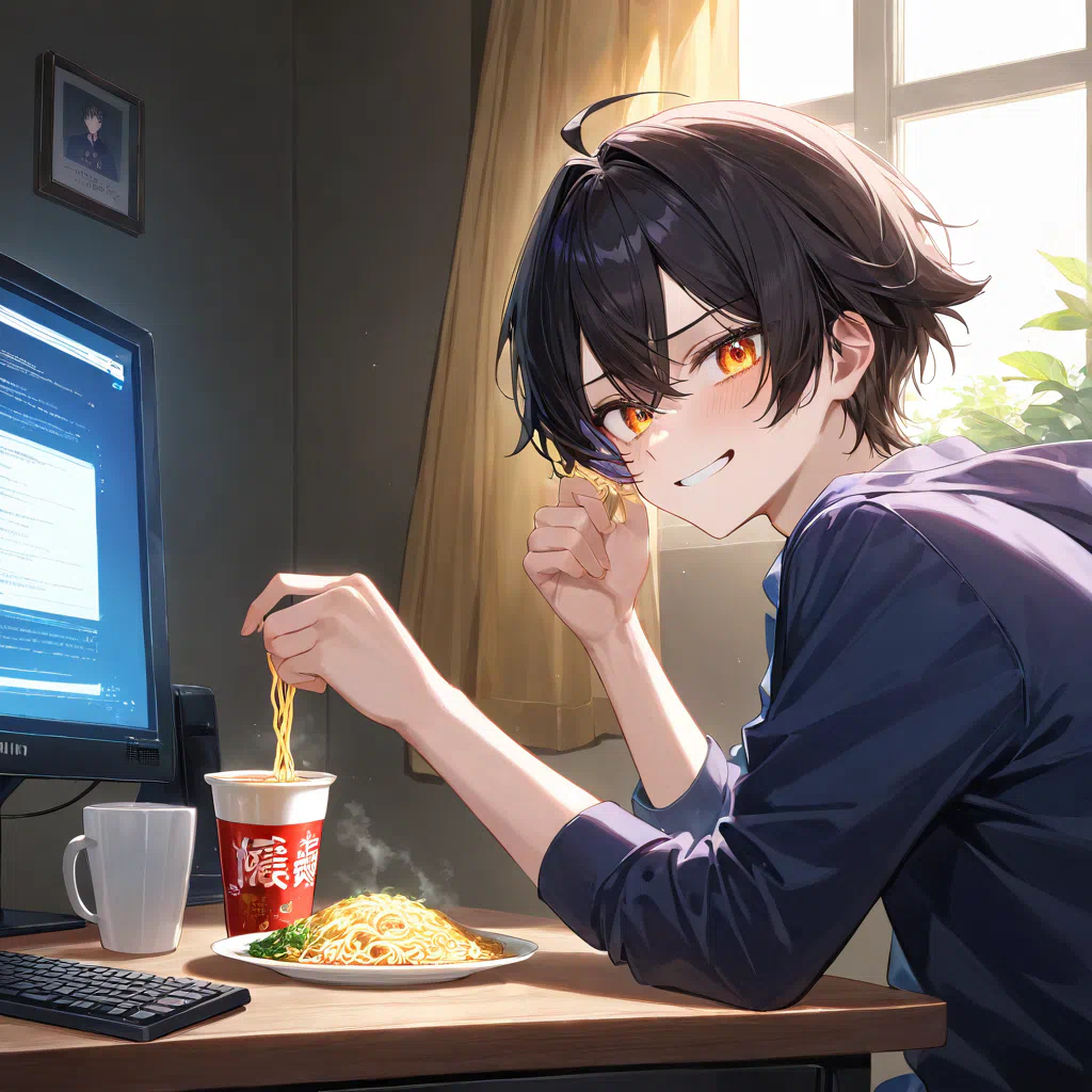 Anime illustration of a boy eating ramen with his hands.png (1024×1024)