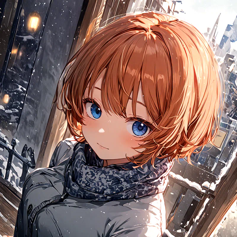 Anime illustration of a woman with brown hair and blue eyes smiling at us in a snowy town.png (1600×1600)