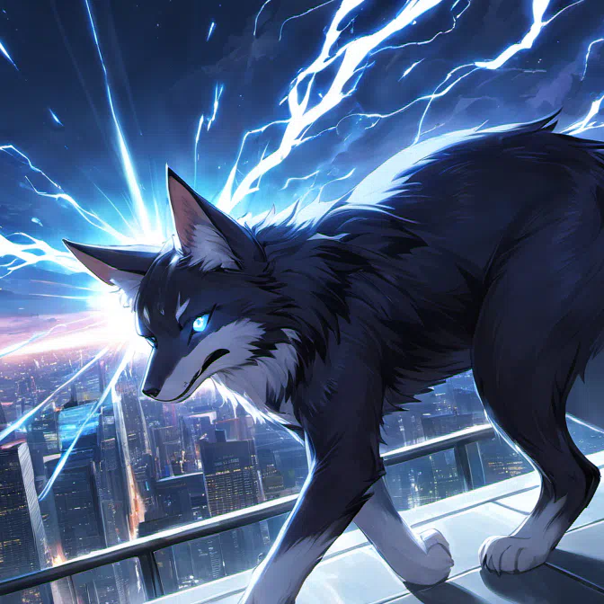 Anime illustration of an avatar in the form of a wolf running out on the rooftop of an urban building upon sensing the presence of an enemy 1 square.png (672×672)