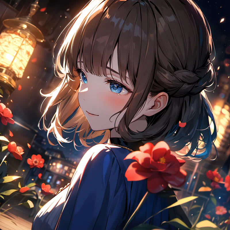 Anime illustration showing a woman with brown hair at night, smiling with a slightly languid expression 21.png (1600×1600)