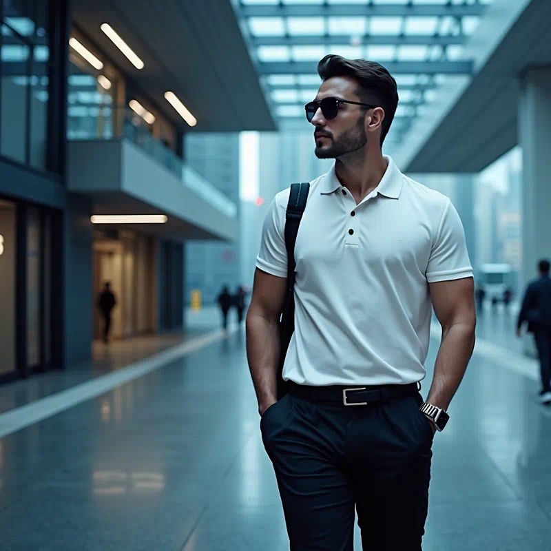 A photorealistic illustration of a man wearing sunglasses, generated by Flux.1[dev]. The background is a dimly lit indoor setting, with detailed rendering of the man's face and sunglasses.