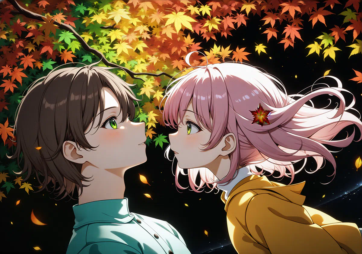 Illustration of a pink-haired girl and a slightly older black-haired boy admiring the illuminated autumn leaves at night.png (1600×1123)