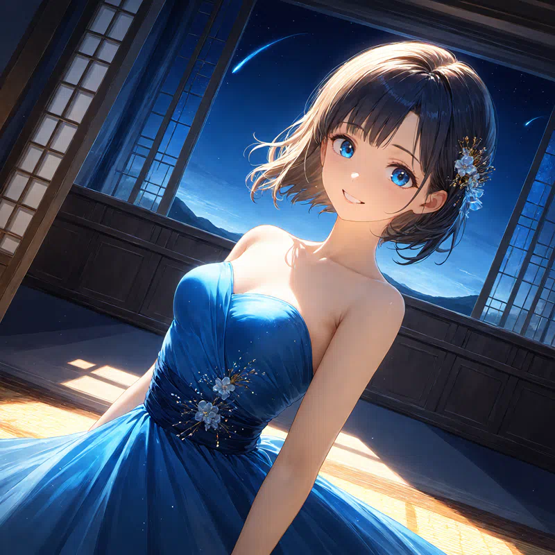 Illustration of a woman in a blue dress at a party venue thumbnail.png (1600×1600)