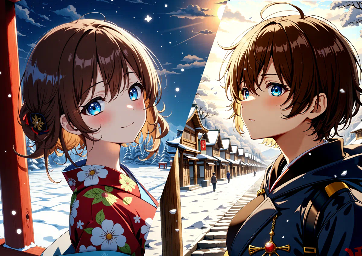 Two anime illustrations depicting two people and a snowy scene in Japan.png (1600×1131)