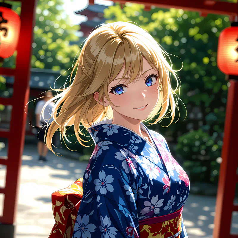 a japanese girl in a blue kimono with a red and white pattern is standing in front of a red torii gate surrounded by greenery and other people in the background. the scene is bathed in warm sunlight g