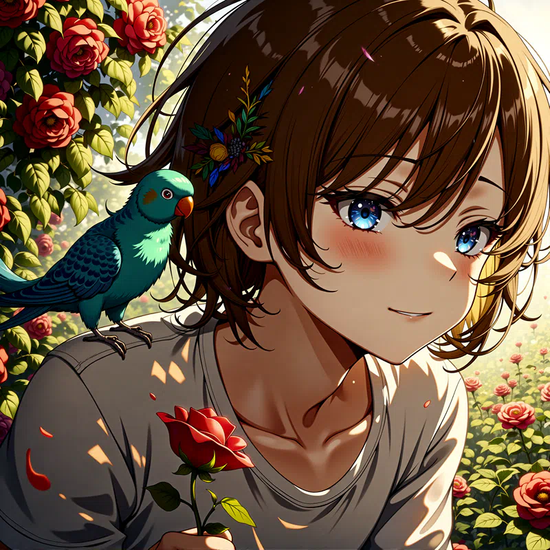 Flux1_euler_ a young female character with short brown hair and blue eyes holds a red rose accompanied by a green parrot on her shoulder set against a backdrop of a field of green and red roses bathed.png (1600×1600)