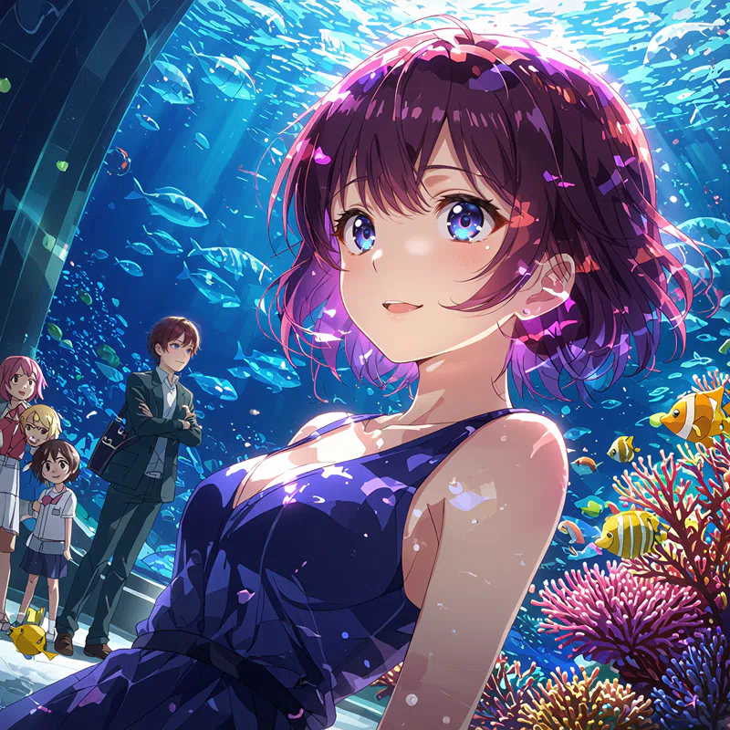 a young female character with purple hair and blue eyes is surrounded by marine life including fish coral and fish in a serene underwater scene with sunlight filtering through the water creating a shi
