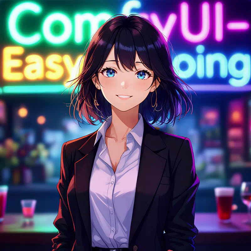 a young woman with short black hair and blue eyes stands in a neon - lit bar or club, wearing a white shirt and black blazer, surrounded by various objects and a neon sign square