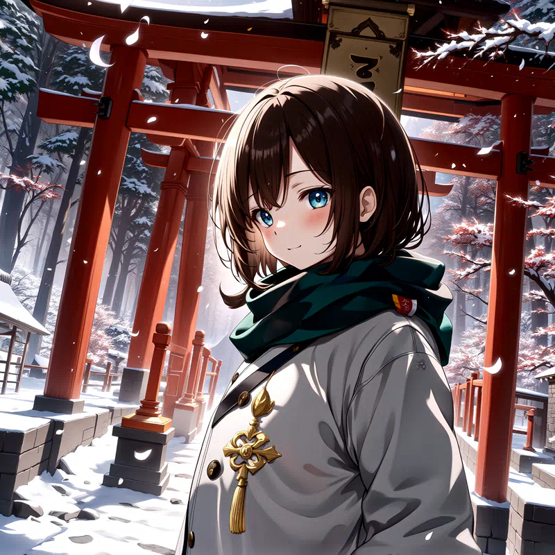 Flux1_Redraw_ a young woman with short brown hair and blue eyes wears a white coat and green scarf standing in front of a traditional japanese torii gate surrounded by snow - covered trees and red tor.png (1600×1600)