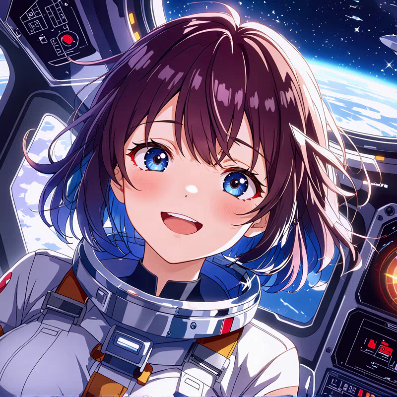 an animated female astronaut in a spaceship cockpit with very happy expression
