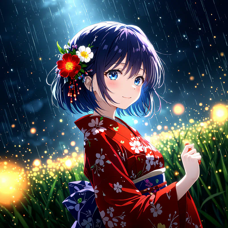 an animated female character in a red kimono with floral patterns stands amidst a field of glowing orbs during a rainstorm her hair adorned with a white flower and a red flower while she gazes at the _cleanup