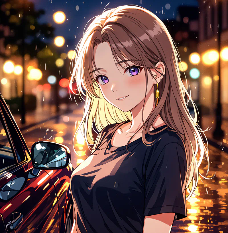 an animated female character stands on a lit city street at night sporting long brown hair purple eyes a black shirt and gold earrings. a red car is parked nearby