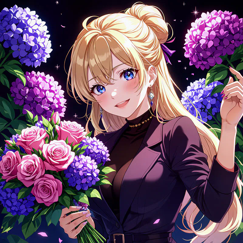 an animated female character with blonde hair and blue eyes wearing a black outfit holds a bouquet of pink and purple flowers, surrounded by a dark background with sparkles