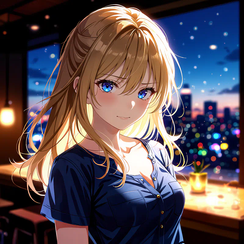 an animated female character with blonde hair and blue eyes stands in a dimly lit room with a cityscape view at night wearing a blue top and surrounded by various objects on a table with a warm glow f