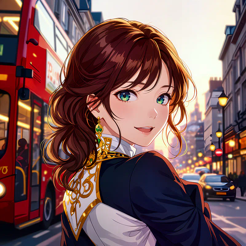 an animated female character with brown hair and blue eyes wears a black and white outfit with gold accents, standing in front of a city street at sunset or sunrise, surrounded by 