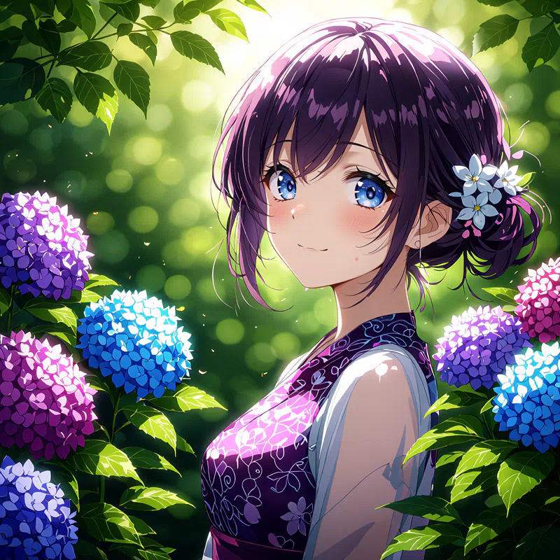 an animated female character with purple hair and blue eyes is surrounded by a lush green environment wearing a purple and white dress with floral patterns and a white flower in her hair bathed in a w