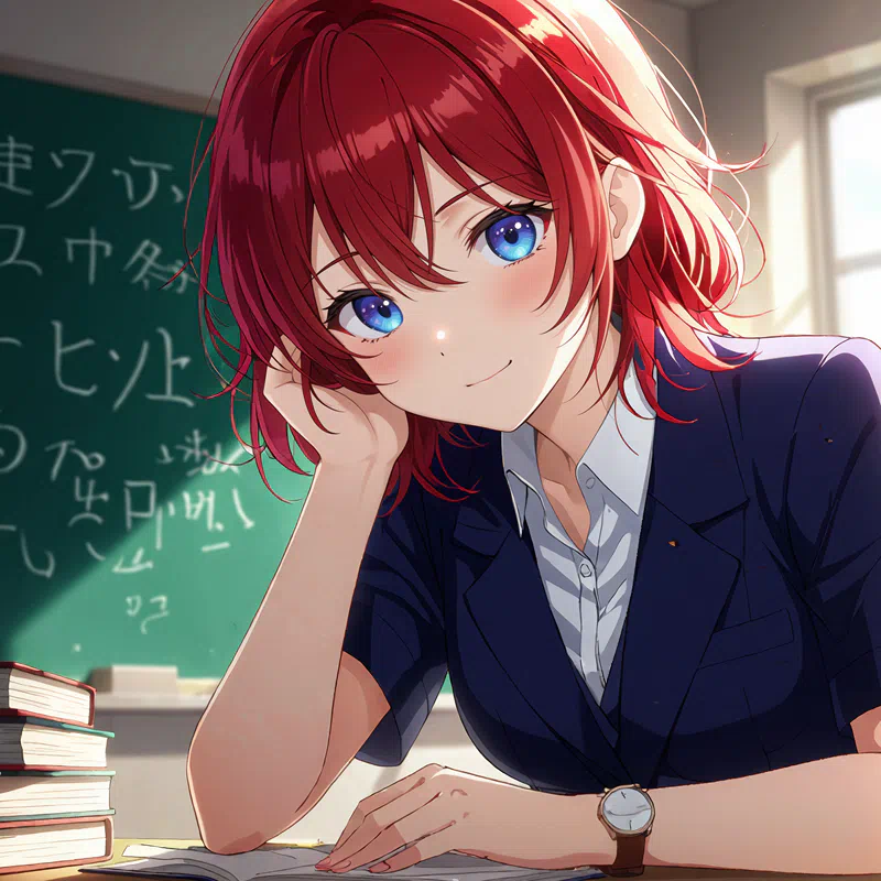 an animated female character with red hair and blue eyes sits at a desk in a classroom surrounded by books and a chalkboard with japanese characters wearing a dark blue blazer and white shirt close up