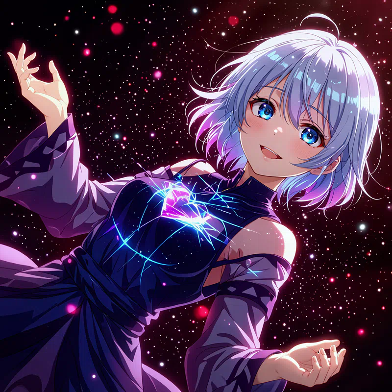 Eighth illustration of a white-haired anime girl smiling against a starry background, with heart and light effects.