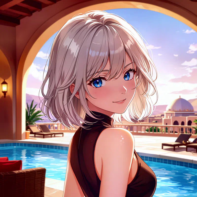 an animated female character with silver hair blue eyes and a black sleeveless top stands in a luxurious setting with a pool chairs and a domed building bathed in warm golden light
