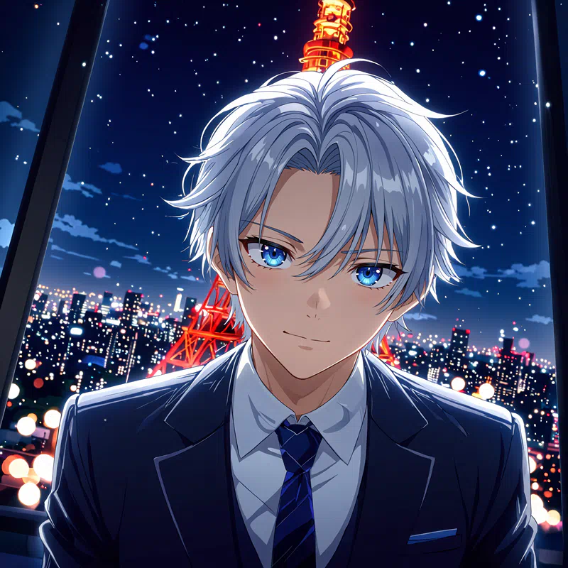 an animated male character with silver hair and striking blue eyes wears a formal suit amidst a nighttime cityscape featuring the iconic eiffel tower the scene is illuminated by city lights and stars