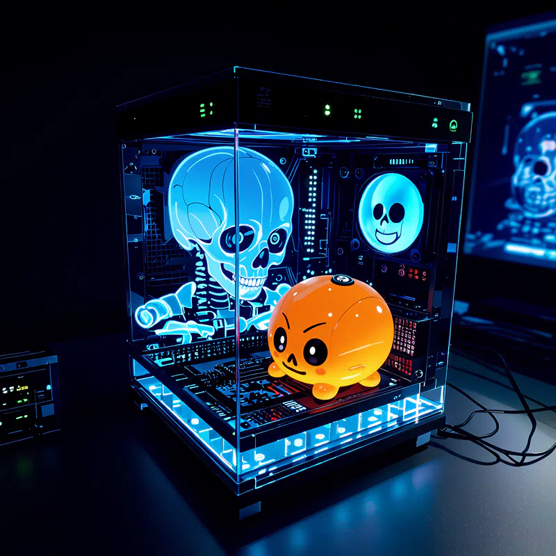 in a dimly lit room a transparent computer tower features a glowing blue skull with a smiling face surrounded by other computer screens displaying digital data and data visualizations all set against 