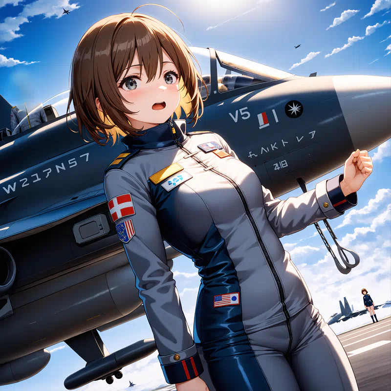 Animated illustration showing a young female pilot in front of a fighter plane taxiing over the ground.png (1600×1600)