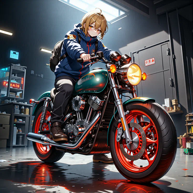 Illustration of a boy in a garage astride a motorcycle with purple paint and red wheels.png (1600×1600)