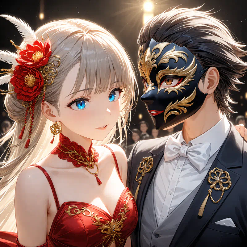 Illustration of a close-up of a woman in a red dress and a man in a black mask talking at a masquerade ball.png (1600×1600)