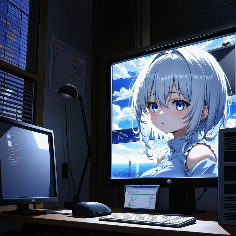 Illustration of a girl with white hair on a large computer monitor.png (1600×1600)