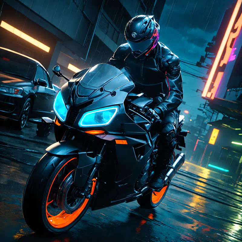 Illustration of a person wearing a full-face helmet on a scooter bike with black paint and red wheels, riding on a rainy night.png (1600×1600)