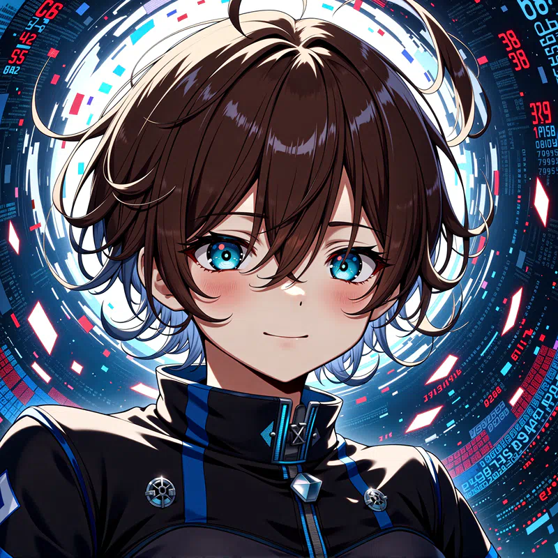  a male animated character with blue eyes and brown hair wears a black and blue outfit with a high collar and buttons set against a digital background of blue red and white colors.png (1600×1600)