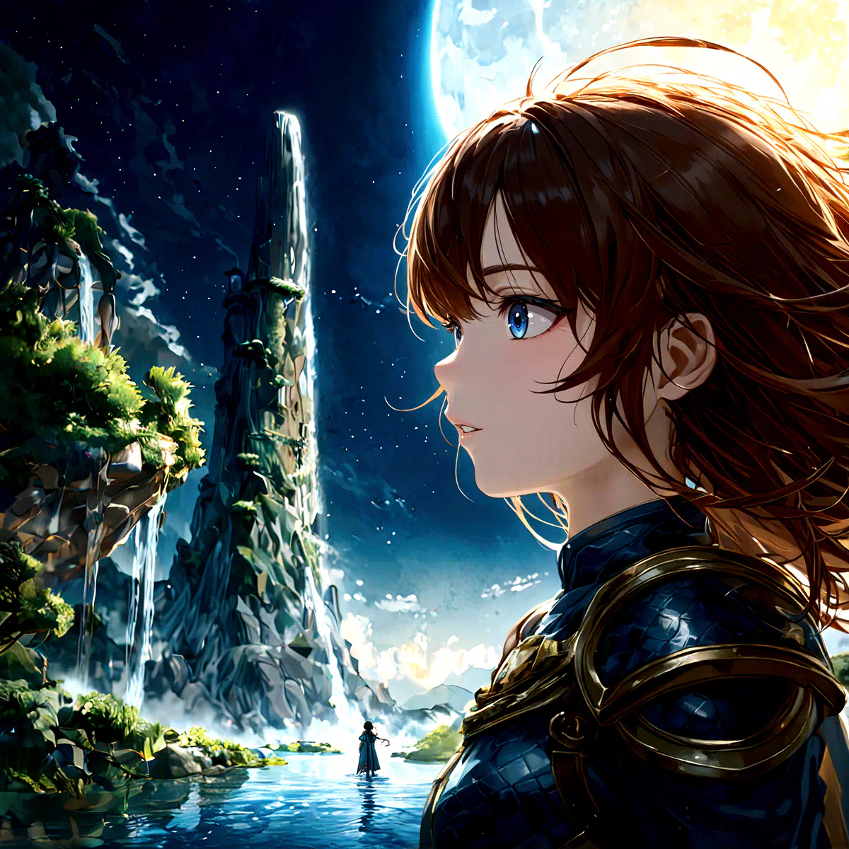 A young woman gazing at a majestic waterfall