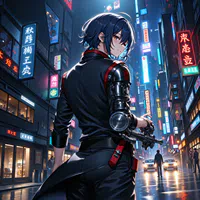 Anime illustration of a hitman man with one arm prosthetic walking down a neon-lit back alley in a near-future cyberpunk world