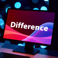 Computer monitor displaying the word Difference in a dimly lit room
