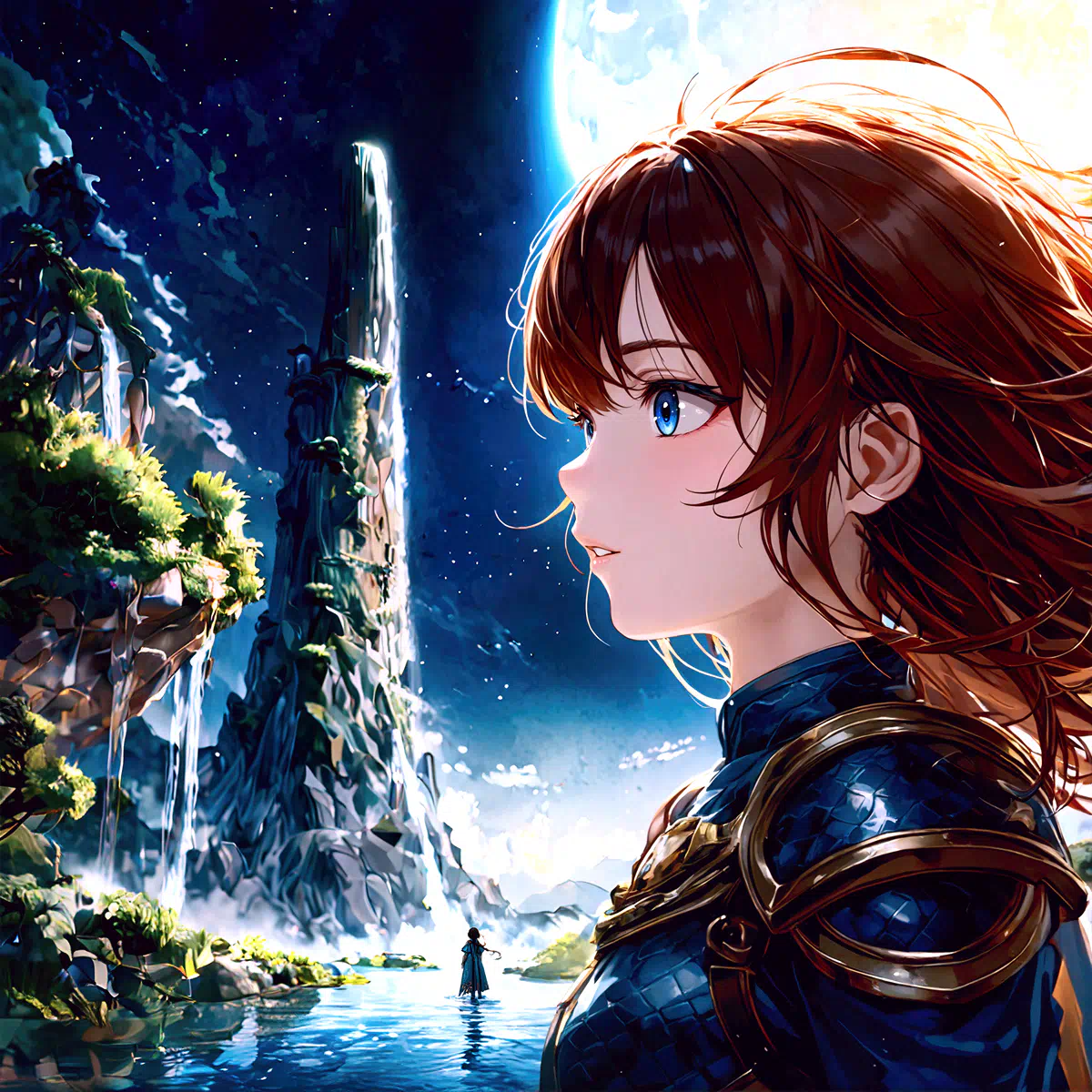 Young woman gazing at a majestic waterfall in an anime-style illustration