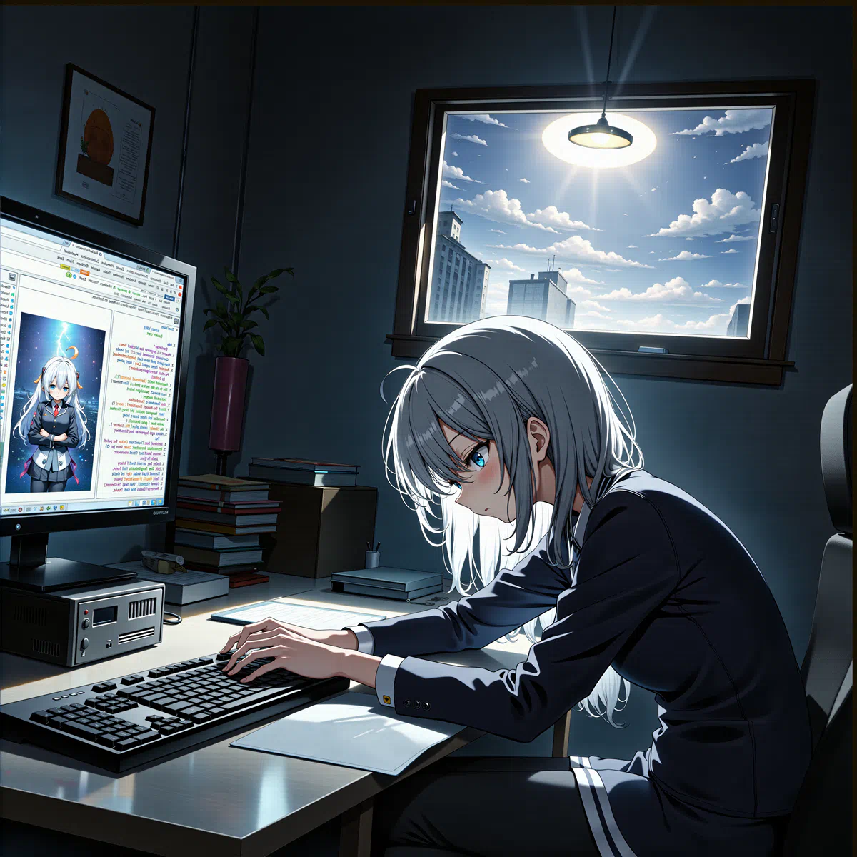 A woman working on her computer in her room at night