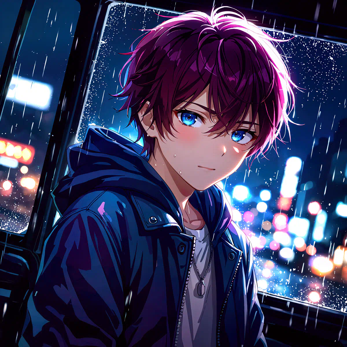 young boy in rainy night