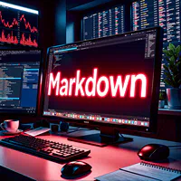 Computer screen with the word Markdown and a red arrow pointing down