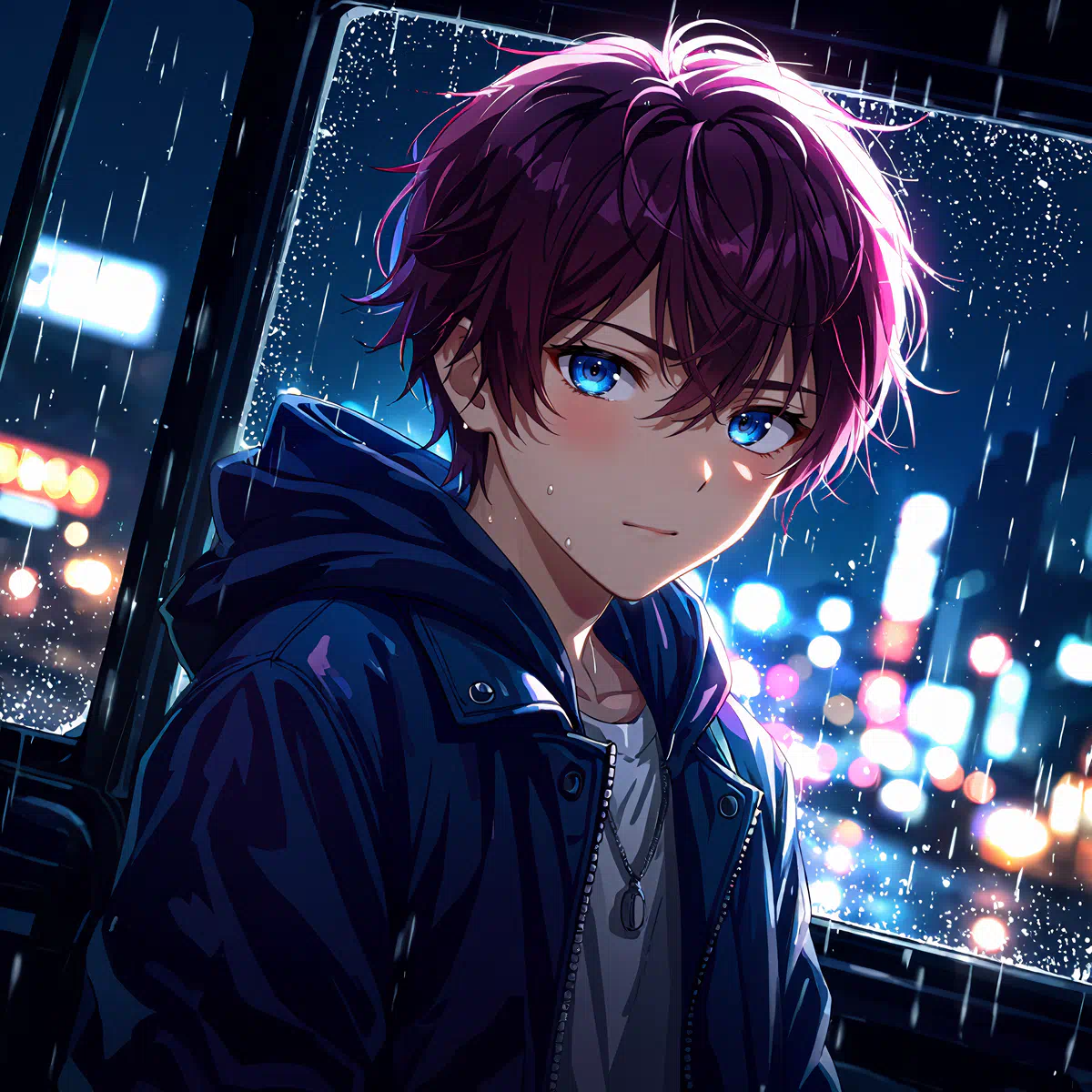 young boy in rainy night