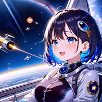 Girl cheering at the view of space on her first space trip