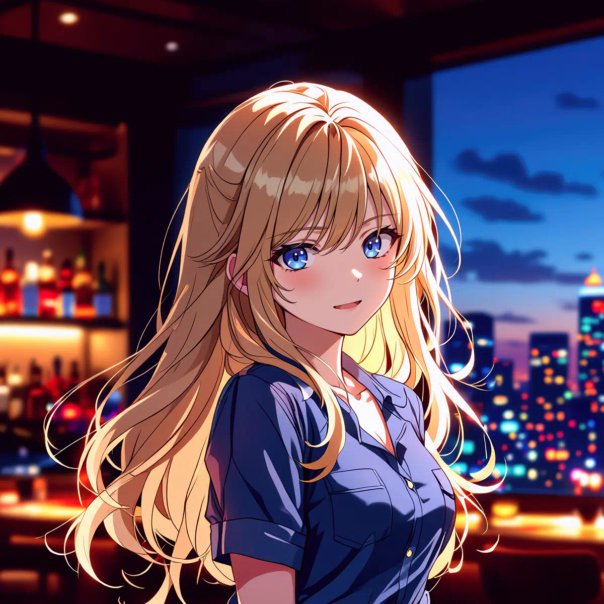 an animated female character with blonde hair and blue eyes stands in a dimly lit bar or lounge gazing out at a city skyline